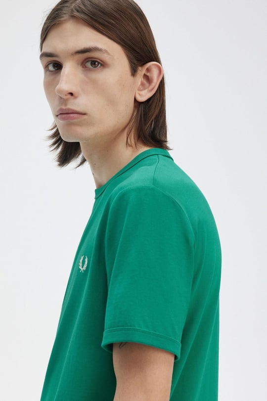 Fred Perry Fred Perry Erkek Pamuklu Jarse Kumaş Manşet ve Yuvarlak Yakalı Kısa Kollu Yeşil T-Shirt M3519-X87