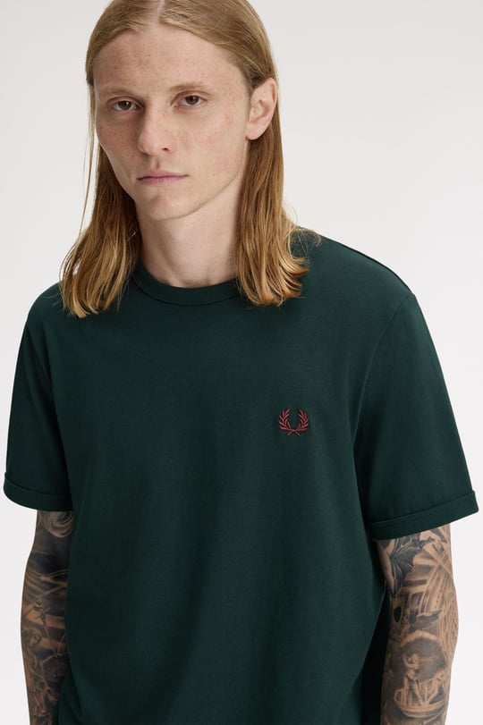 Fred Perry Fred Perry Erkek Pamuklu Jarse Kumaş Manşet ve Yuvarlak Yakalı Kısa Kollu Koyu Yeşil T-Shirt M3519-30A