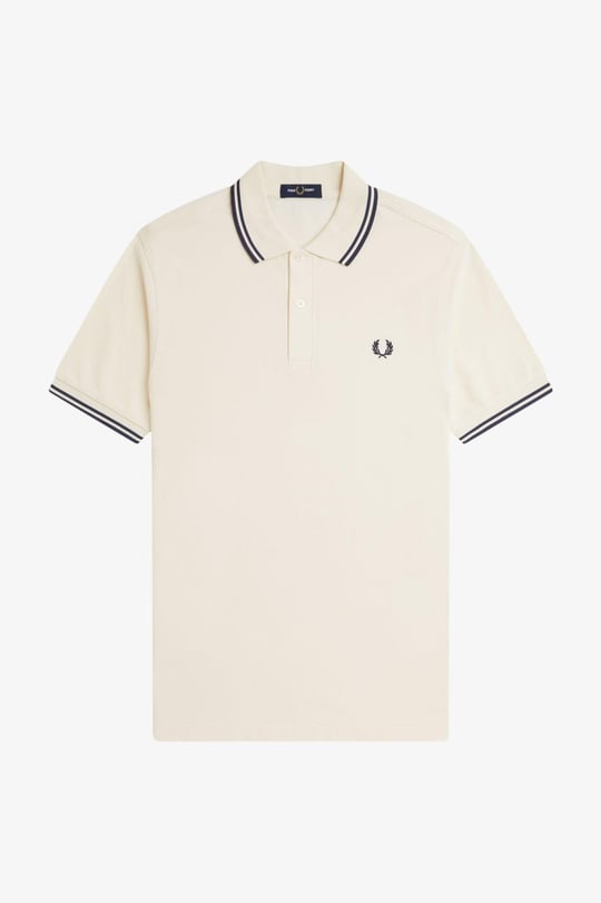 Fred Perry Fred Perry Erkek Regular Fit Yakası ve Kolları Çizgi Detaylı %100 Pamuklu Kısa Kollu Ekru-Lacivert T-Shirt M3600-Y24