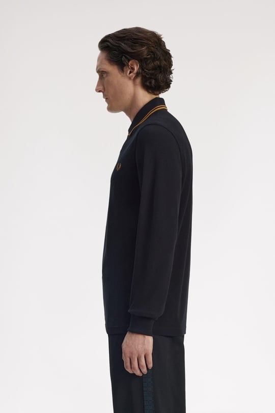 Fred Perry Fred Perry Erkek Regular Fit %100 Pamuklu Yakası Çizgi Detaylı Uzun Kollu Siyah Polo Yaka T-Shirt M3636-S77