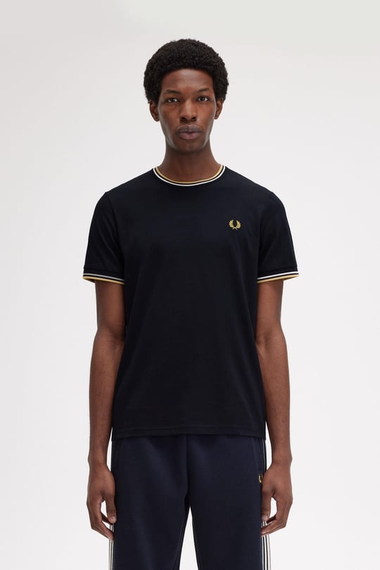 Fred Perry Fred Perry Erkek Regular Fit Kısa Kollu Şerit Detaylı Siyah T-Shirt M1588-W53