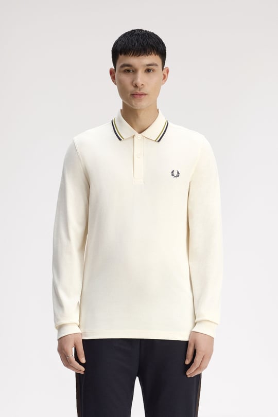 Fred Perry Fred Perry Erkek Regular Fit %100 Pamuklu Yakası Çizgi Detaylı Uzun Kollu Ekru Polo Yaka T-Shirt M3636-46A