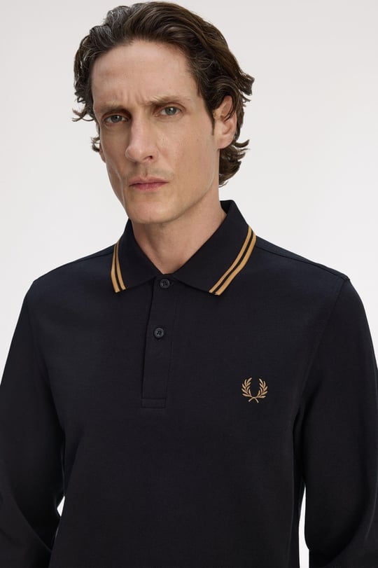Fred Perry Fred Perry Erkek Regular Fit %100 Pamuklu Yakası Çizgi Detaylı Uzun Kollu Siyah Polo Yaka T-Shirt M3636-S77