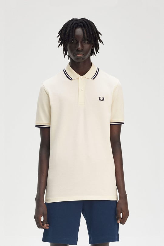 Fred Perry Fred Perry Erkek Regular Fit Yakası ve Kolları Çizgi Detaylı %100 Pamuklu Kısa Kollu Ekru-Lacivert T-Shirt M3600-Y24