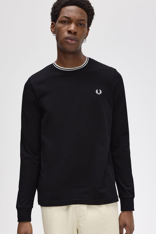 Fred Perry Fred Perry Erkek Uzun Kol Pamuklu Bisiklet Yaka Düz Siyah T-Shirt M9602-102