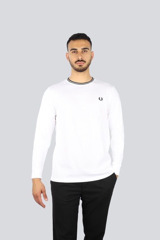 Fred Perry Fred Perry Erkek Uzun Kol Pamuklu Bisiklet Yaka Düz Beyaz T-Shirt M9602-100