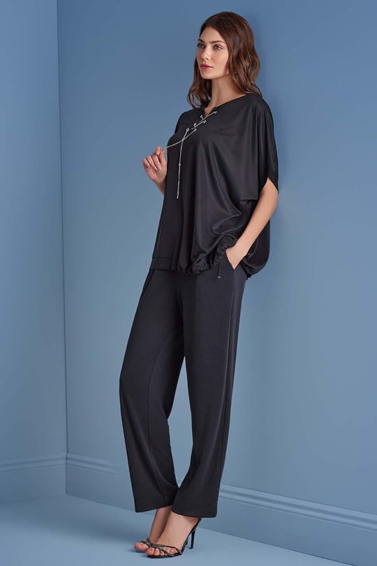 Guitar Guıtar Kadın Rahat Kalıp İp Bağlamalı V Yaka Beli Büzgülü Kısa Kollu Siyah Bluz 25081-BLOUSE-010