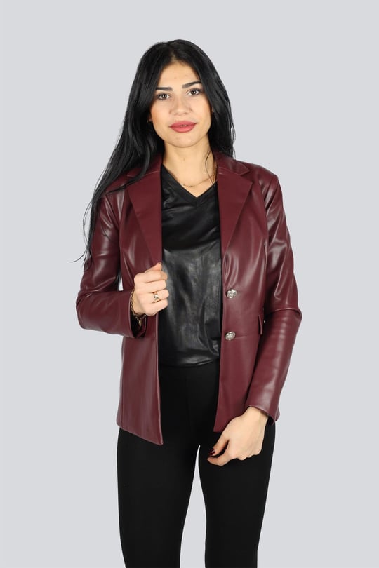 Liu Jo Lıu Jo Kadın Kruvaze Yaka Deri Uzun Kollu Günlük Bordo Ceket MF3040E0624-91718
