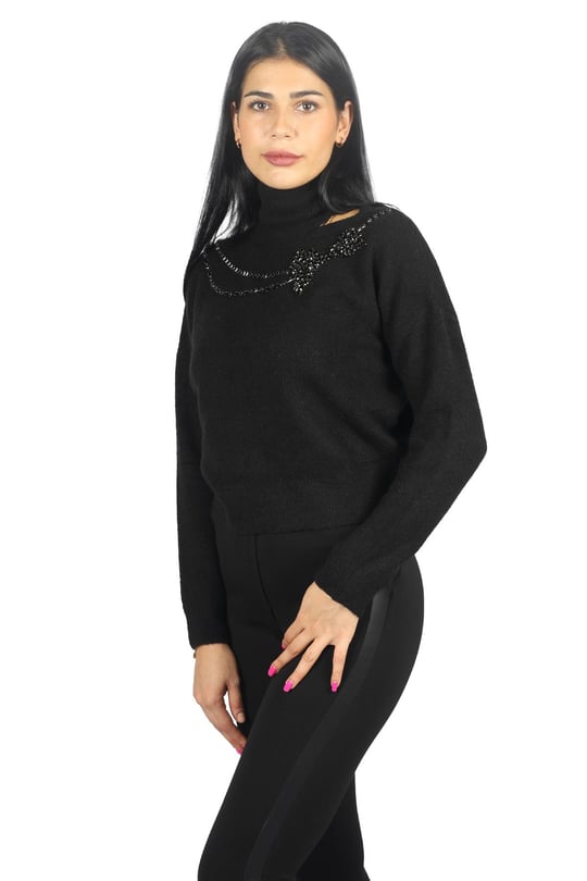 Liu Jo Lıu Jo Kadın Uzun Kollu Desenli Balıkçı Yaka Rahat Siyah Kazak MF3093MA050-22222