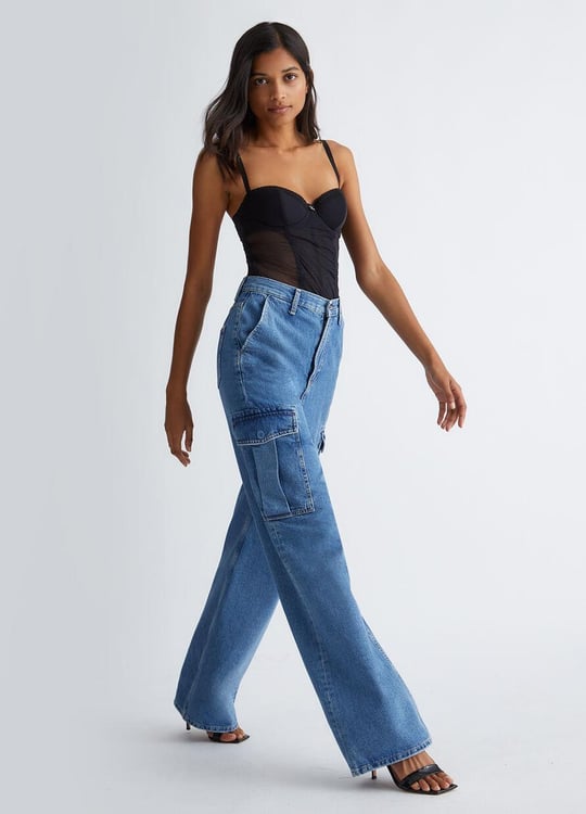 Liu Jo Lıu Jo Kadın Yüksek Belli Cepli Geniş Paçalı Günlük Mavi Jeans UF3146DS049-78548