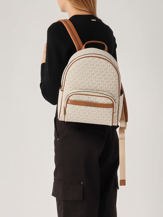 Michael Kors Michael Kors Kadın MK Yazı Desen Ön Küçük Fermuarlı Bölüm Ayarlanabilir Askı Deri Bej Sırt Çantası 30S4G8XB2B-VANILACRN
