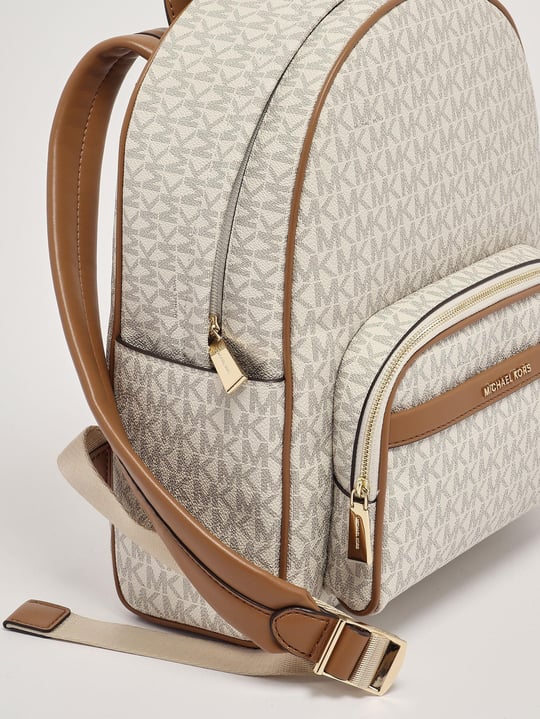Michael Kors Michael Kors Kadın MK Yazı Desen Ön Küçük Fermuarlı Bölüm Ayarlanabilir Askı Deri Bej Sırt Çantası 30S4G8XB2B-VANILACRN