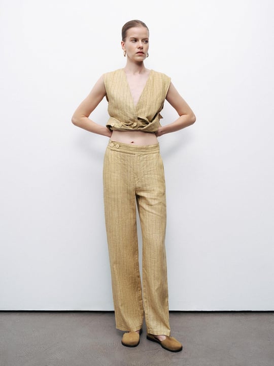Nocturne Nocturne Kadın Rahat Kalıp Çizgi Desenli Bol Paça Sarı Pantolon N25YN3363-VARYANT