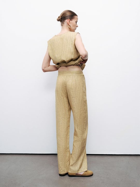 Nocturne Nocturne Kadın Rahat Kalıp Çizgi Desenli Bol Paça Sarı Pantolon N25YN3363-VARYANT