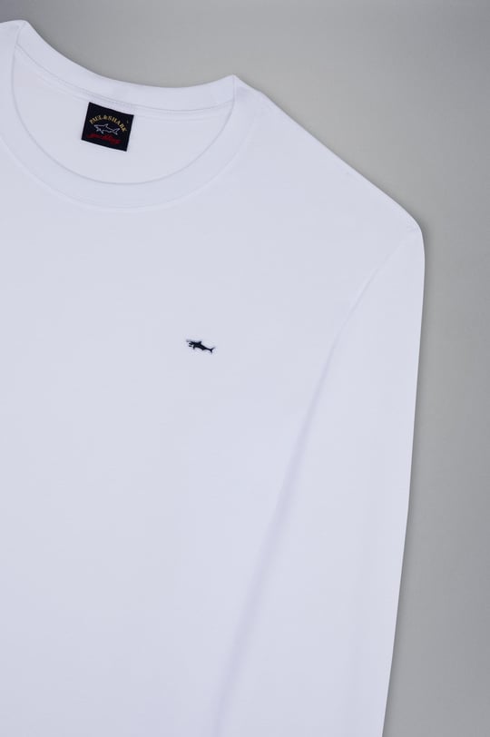 Paul Shark Paul Shark Erkek %100 Pamuklu Basic Uzun Kollu Sıfır Yaka Marka Logolu Beyaz T-Shirt C0P1093-010