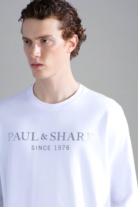 Paul Shark Paul Shark Erkek %100 Pamuklu Basic Uzun Kollu Sıfır Yaka Marka Logolu Beyaz T-Shirt 11311630-010
