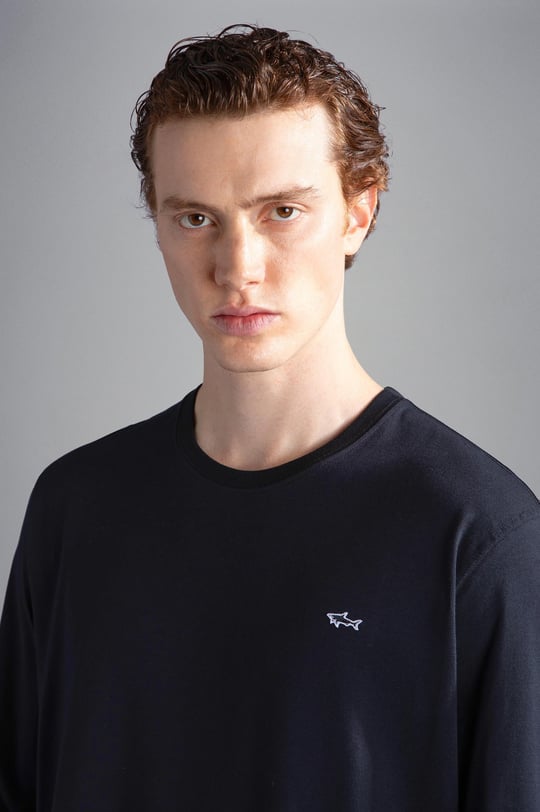 Paul Shark Paul Shark Erkek %100 Pamuklu Basic Uzun Kollu Sıfır Yaka Marka Logolu Siyah T-Shirt C0P1093-011