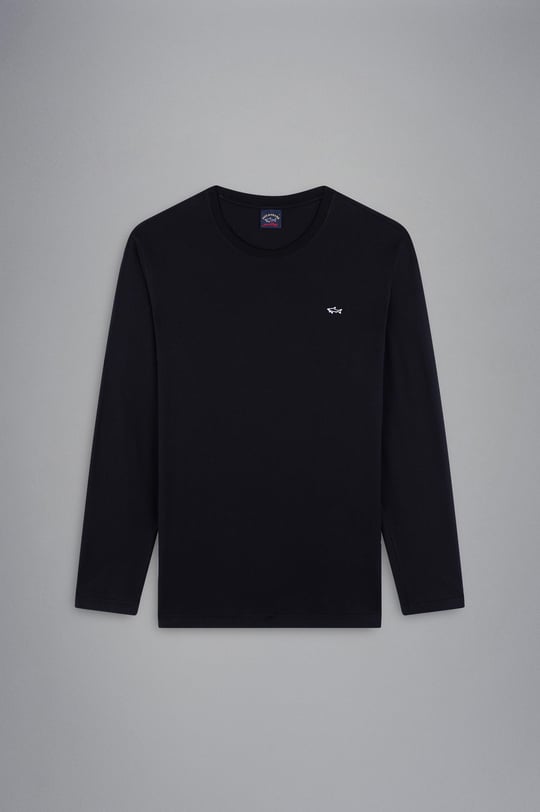Paul Shark Paul Shark Erkek %100 Pamuklu Basic Uzun Kollu Sıfır Yaka Marka Logolu Siyah T-Shirt C0P1093-011