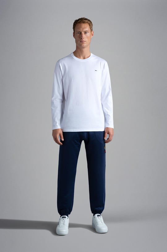 Paul Shark Paul Shark Erkek %100 Pamuklu Basic Uzun Kollu Sıfır Yaka Marka Logolu Beyaz T-Shirt C0P1093-010