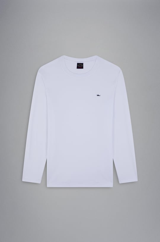 Paul Shark Paul Shark Erkek %100 Pamuklu Basic Uzun Kollu Sıfır Yaka Marka Logolu Beyaz T-Shirt C0P1093-010