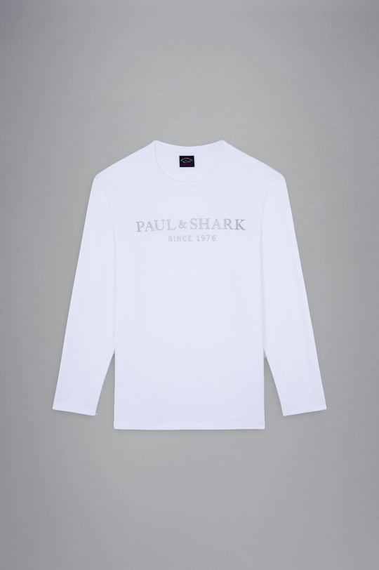 Paul Shark Paul Shark Erkek %100 Pamuklu Basic Uzun Kollu Sıfır Yaka Marka Logolu Beyaz T-Shirt 11311630-010