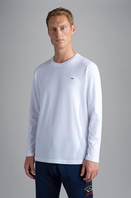 Paul Shark Paul Shark Erkek %100 Pamuklu Basic Uzun Kollu Sıfır Yaka Marka Logolu Beyaz T-Shirt C0P1093-010
