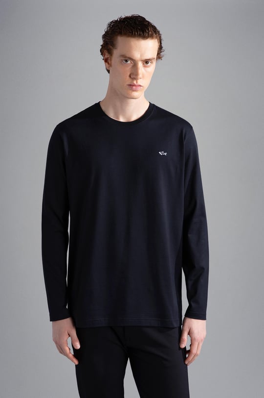 Paul Shark Paul Shark Erkek %100 Pamuklu Basic Uzun Kollu Sıfır Yaka Marka Logolu Siyah T-Shirt C0P1093-011