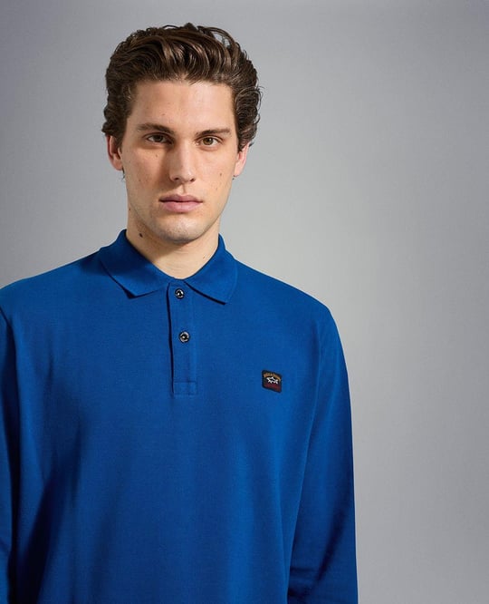 Paul Shark Paul Shark Erkek Marka Logolu Pamuklu Polo Yakalı Uzun Kollu Mavi Polo Yaka T-Shirt C0P1001-342