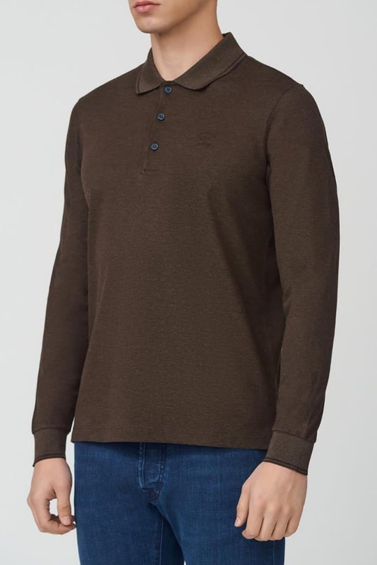 Paul Shark Paul Shark Erkek Marka Logolu Pamuklu Polo Yakalı Uzun Kollu Kahverengi Polo Yaka T-Shirt 11311723-241