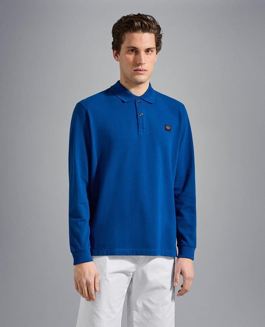 Paul Shark Paul Shark Erkek Marka Logolu Pamuklu Polo Yakalı Uzun Kollu Mavi Polo Yaka T-Shirt C0P1001-342