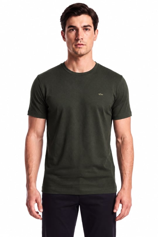 Paul Shark Paul Shark Erkek Normal Kalıp Metalik Logo Detaylı Yuvarlak Yakalı Kısa Kollu Haki T-Shirt 15311602SM-397