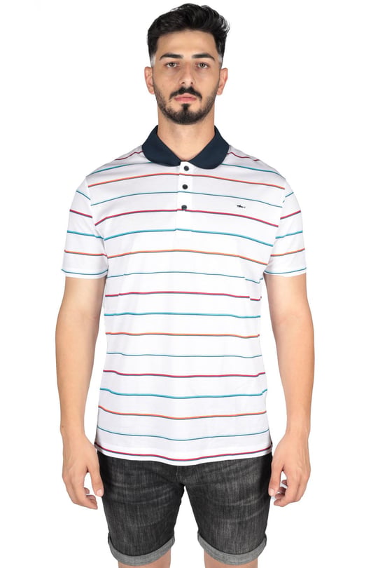 Paul Shark Paul Shark Erkek Pamuklu Regular Fit Çizgili Kısa Kollu Beyaz Polo Yaka T-Shirt 23411323-256