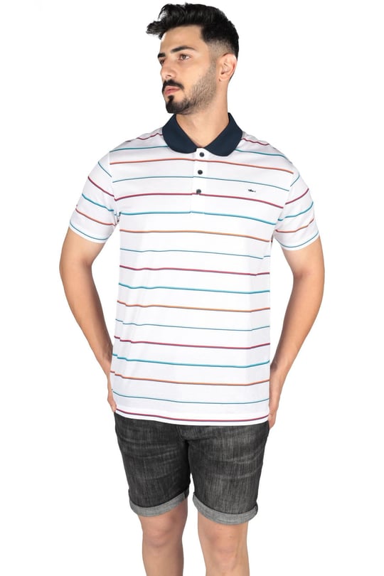Paul Shark Paul Shark Erkek Pamuklu Regular Fit Çizgili Kısa Kollu Beyaz Polo Yaka T-Shirt 23411323-256