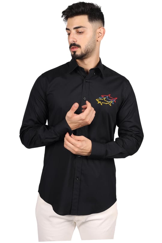 Paul Shark Paul Shark Erkek Pamuklu Regular Fit Düz Uzun Kol Siyah Gömlek 23413302J-011