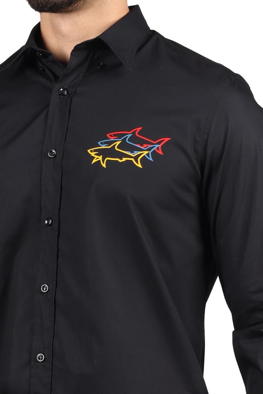 Paul Shark Paul Shark Erkek Pamuklu Regular Fit Düz Uzun Kol Siyah Gömlek 23413302J-011