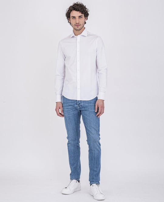 Paul Shark Paul Shark Erkek Pamuklu Slim Fit  İnce Düğme Kapamalı Beyaz Gömlek C0P3065-010