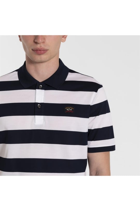 Paul Shark Paul Shark Erkek Polo Yaka Düğme Kapamalı Kısa Kollu Mavi-Beyaz Polo Yaka T-Shirt COP1012-139