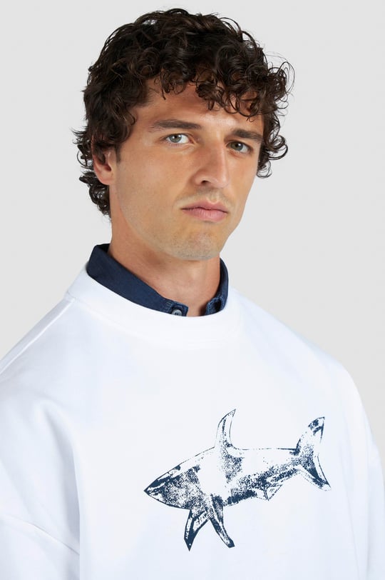 Paul Shark Paul Shark Erkek Rahat Kalıp Büyük Shark Logolu Pamuklu Uzun Kollu Beyaz Sweatshirt 15311848-965