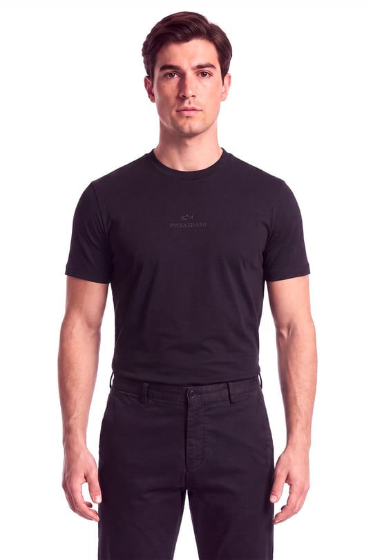 Paul Shark Paul Shark Erkek Rahat Kalıp Logo Kabartmalı Pamuklu Kısa Kollu Siyah T-Shirt 16311601A-011