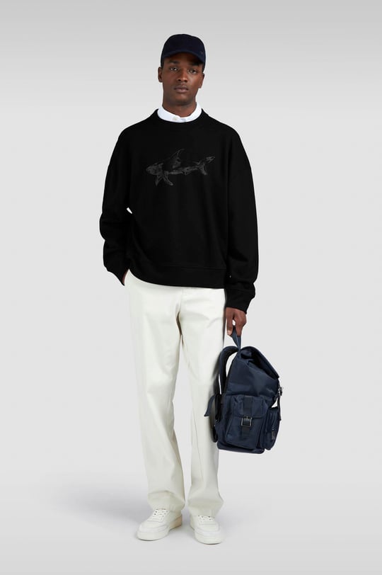Paul Shark Paul Shark Erkek Rahat Kalıp Büyük Shark Logolu Pamuklu Uzun Kollu Siyah Sweatshirt 15311848-011