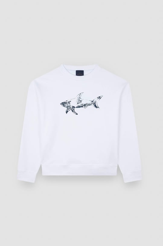 Paul Shark Paul Shark Erkek Rahat Kalıp Büyük Shark Logolu Pamuklu Uzun Kollu Beyaz Sweatshirt 15311848-965