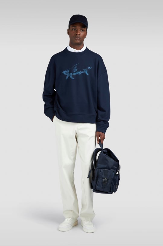 Paul Shark Paul Shark Erkek Rahat Kalıp Büyük Shark Logolu Pamuklu Uzun Kollu Lacivert Sweatshirt 15311848-050