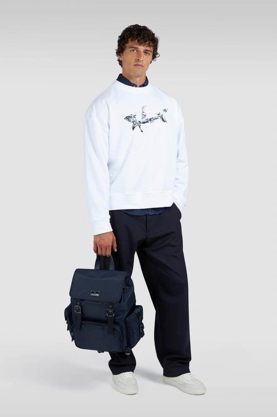 Paul Shark Paul Shark Erkek Rahat Kalıp Büyük Shark Logolu Pamuklu Uzun Kollu Beyaz Sweatshirt 15311848-965