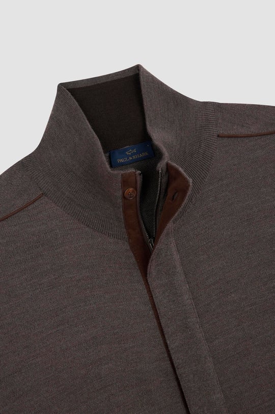 Paul Shark Paul Shark Erkek Regular Fit %100 Yün Dik Yaka Uzun Kollu Kahverengi Triko 15311203-365