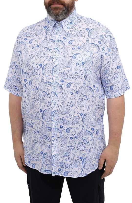 Paul Shark Paul Shark Erkek Regular Fit Desenli Kısa Kollu Beyaz-Mavi Gömlek 21413427-001