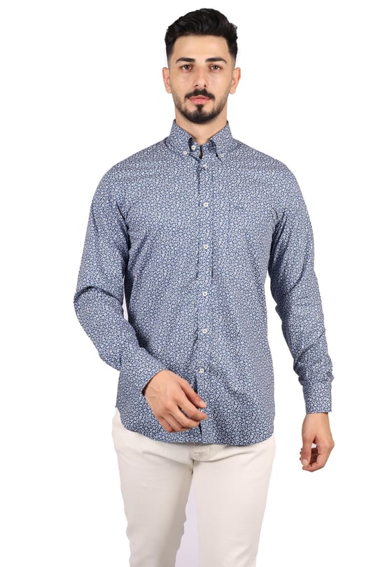 Paul Shark Paul Shark Erkek Regular Fit Desenli Uzun Kol Lacivert-Beyaz Gömlek 21413444-001