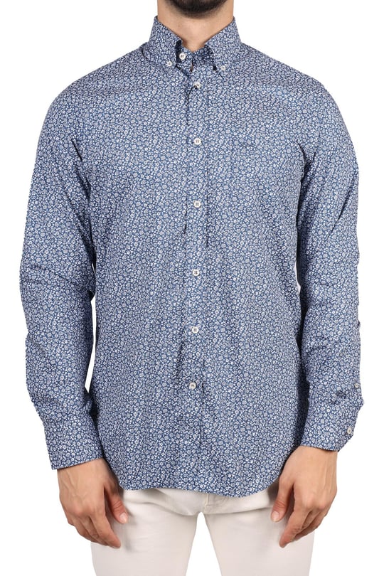 Paul Shark Paul Shark Erkek Regular Fit Desenli Uzun Kol Lacivert-Beyaz Gömlek 21413444-001