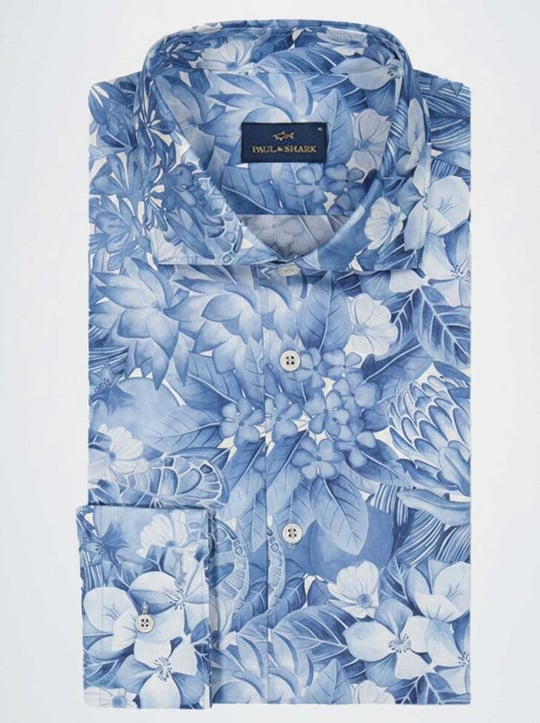 Paul Shark Paul Shark Erkek Slim Fit Desenli Pamuklu Uzun Kollu Mavi Gömlek 26413144-F23