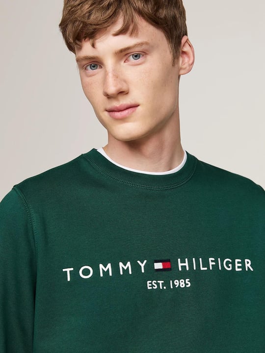 Tommy Hilfiger Tommy Hilfiger Erkek Bisiklet Yaka Uzun Kol Tommy Baskılı Pamuklu Yeşil Sweatshirt MW0MW11596-L6K