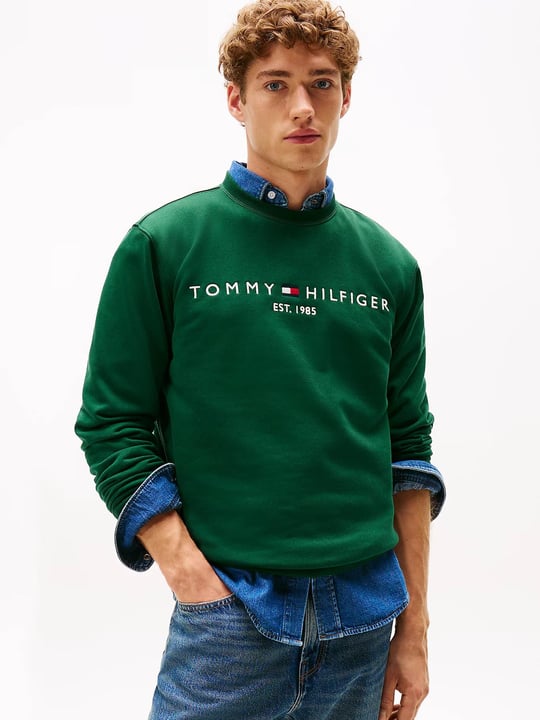 Tommy Hilfiger Tommy Hilfiger Erkek Bisiklet Yaka Uzun Kol Tommy Baskılı Pamuklu Yeşil Sweatshirt MW0MW11596-L6K